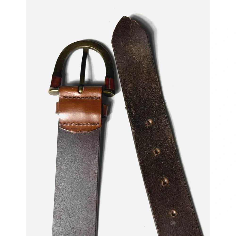 Vintage Eddie Bauer Mens Belt Genuine Leather Brass Buckle Medium Italy 32-36